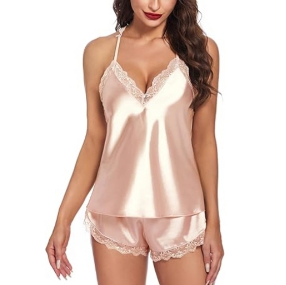 Nightwear Satin Pajamas Set Sleepwear Womens Sexy Lingerie Champagne - Picture 2 of 9